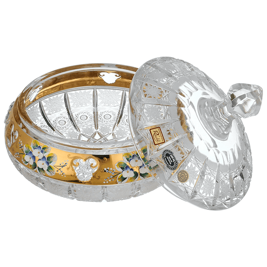 Bohemia Crystal - Round Crystal Box - Gold & Floral Design - 30x20cm - 270008251