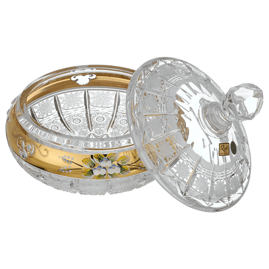 Bohemia Crystal - Round Crytal Box - Gold & Floral Design - 27x17cm - 270008278