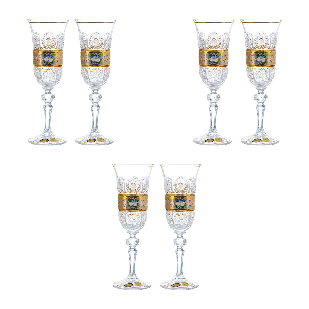 Bohemia Crystal - Flute Glass Set 6 Pieces - Gold With Floral Design - 150ml - 270009218