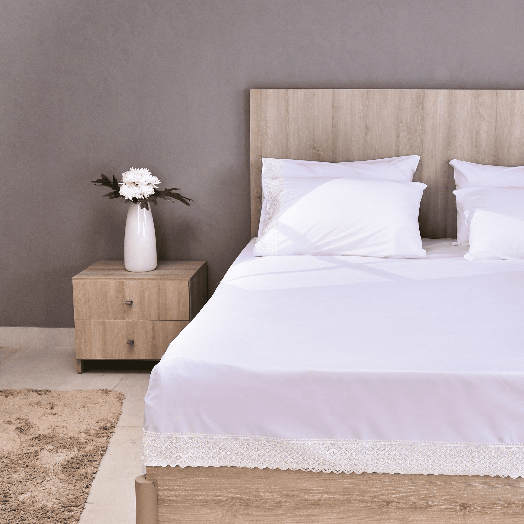 Senzo - White Bed Sheet Set With Dantelle 3 Pieces - 350 TC