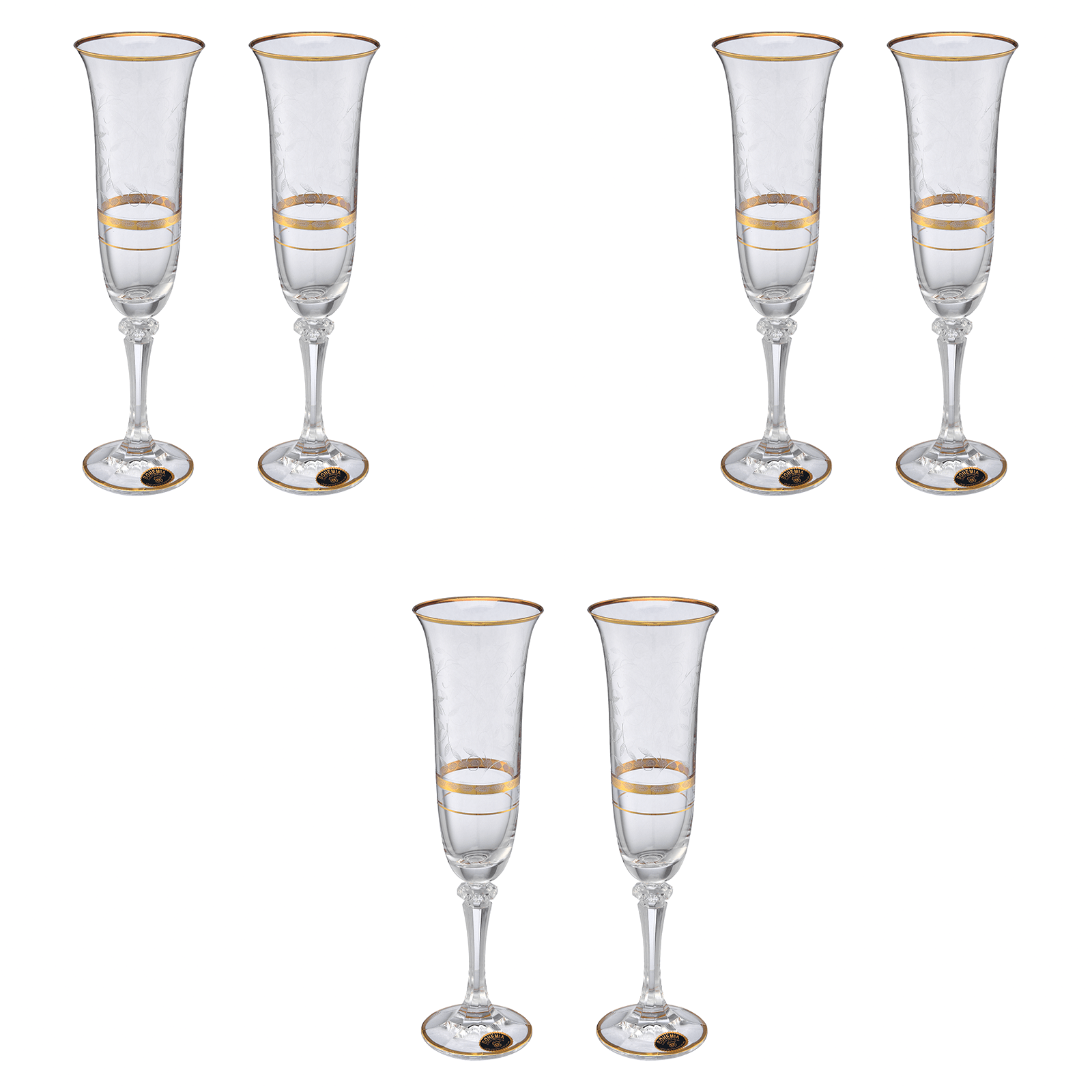 Bohemia Crystal - Flute Glass Set 6 Pieces - Gold - Crystal