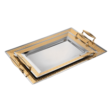 Elegant Gioel  - Greca Rectangular Tray Set with Handles 2 Pieces - Gold - Stainless Steel 18/10