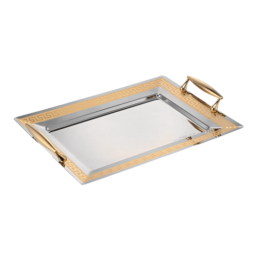 Elegant Gioel  - Greca Rectangular Tray Set with Handles 2 Pieces - Gold - Stainless Steel 18/10