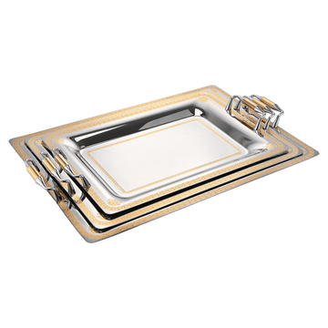 Elegant Gioiel - Ribery Rectangular Tray Set with Handles 3 Pieces - Gold - Stainless Steel 18/10