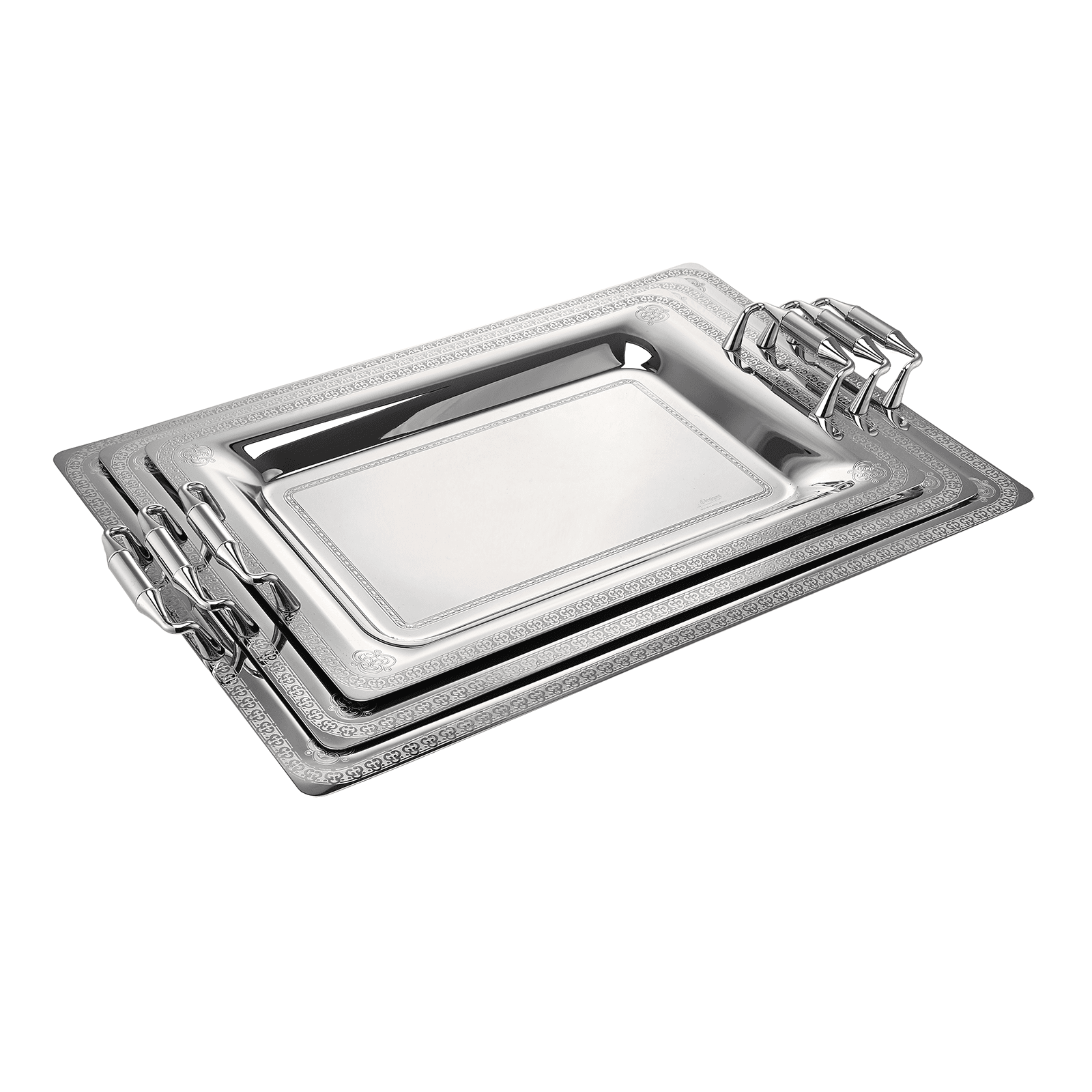Elegant Gioiel - Ribery Rectangular Tray Set with Handles 3 Pieces - Silver - Stainless Steel 18/10