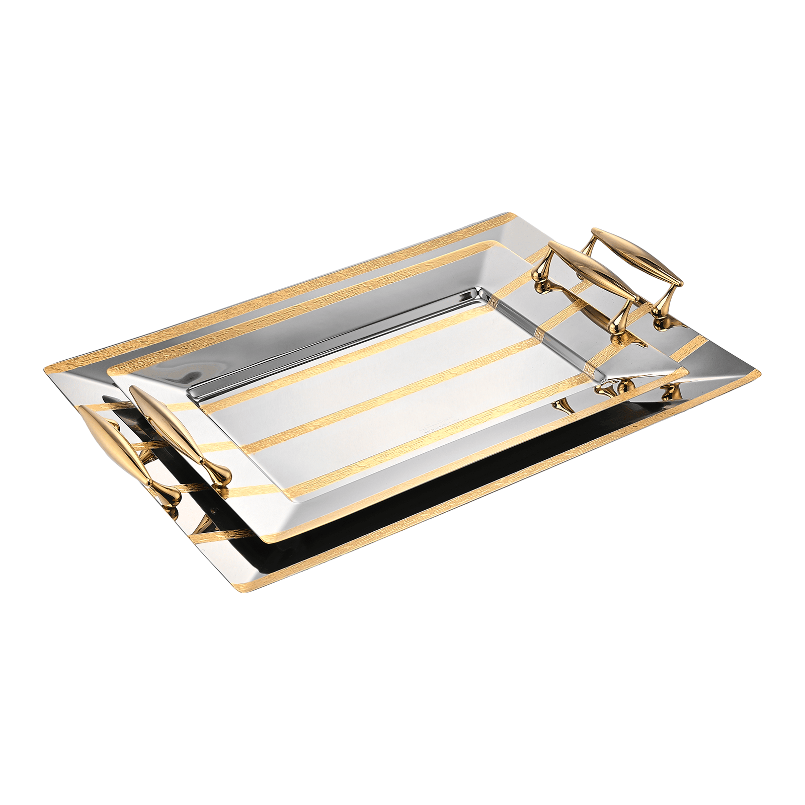 Elegant Gioiel - Riga Rectangular Tray Set with Handles 2 Pieces - Gold - Stainless Steel 18/10