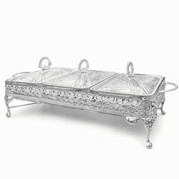 Queen Anne - Triple Food Warmer With Glass, Cover & Stand - Silver - 27x14 cm