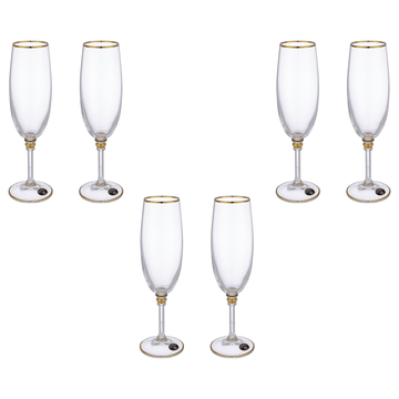 Bohemia Crystal - Flute Glass Set 6 Pieces 190ml - Gold - Crystal