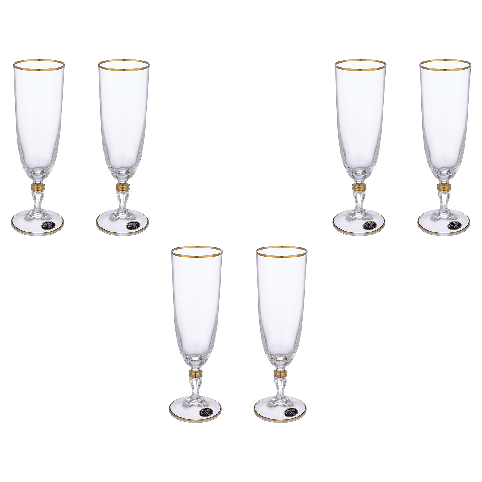 Bohemia Crystal - Flute Glass Set 6 Pieces 220ml - Gold - Crystal