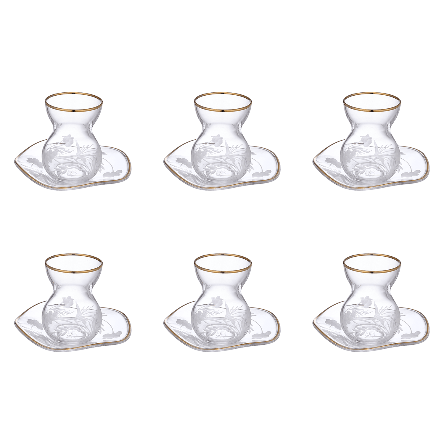Pasabahce - Decorated Glass Istikana Set with Saucer 6 Pieces - Gold