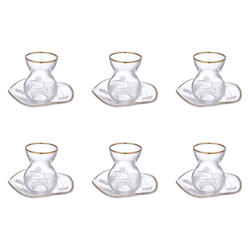 Pasabahce - Decorated Glass Istikana Set with Saucer 6 Pieces - Gold - 145ml