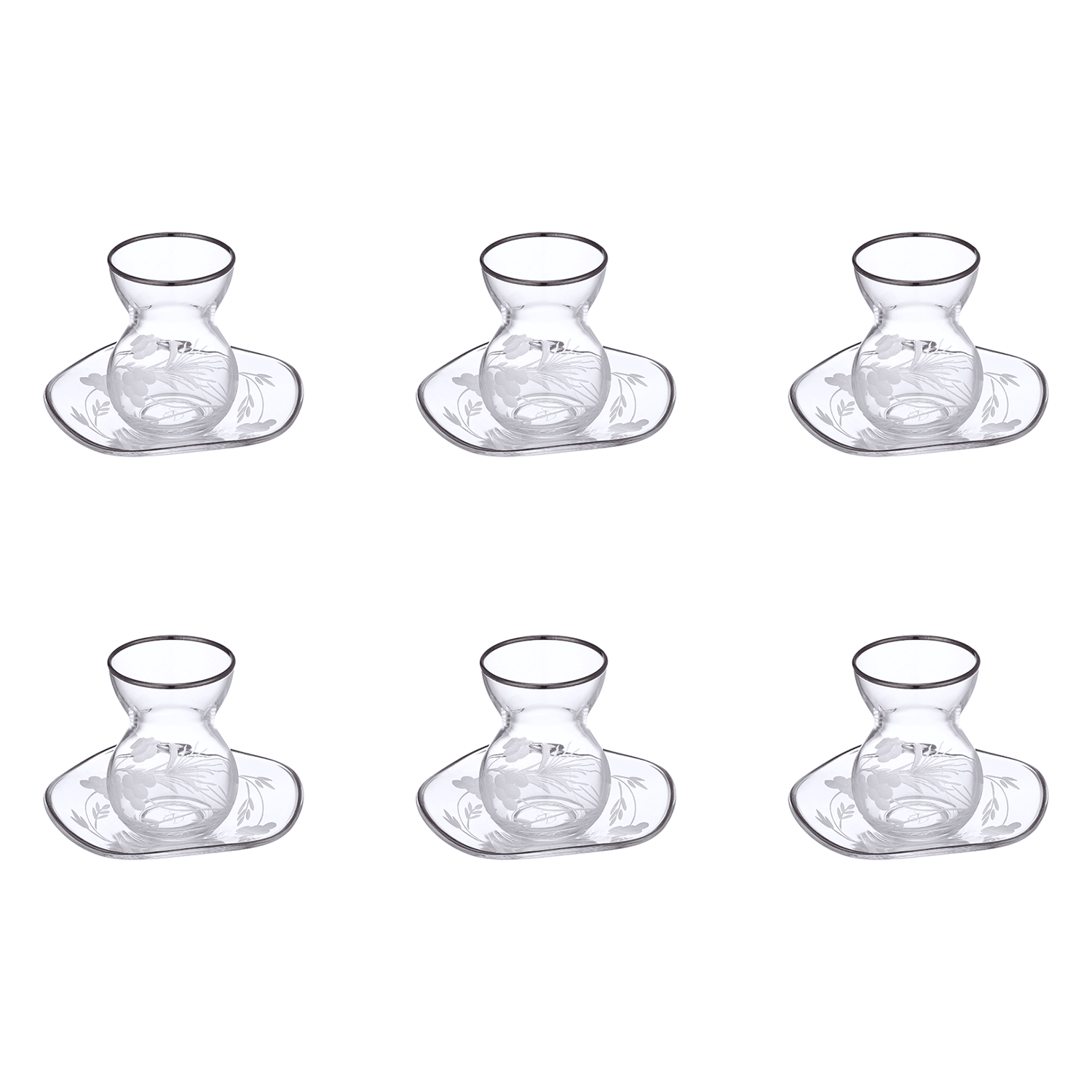 Pasabahce - Decorated Glass Istikana Set with Saucer 6 Pieces - Silver - 145ml