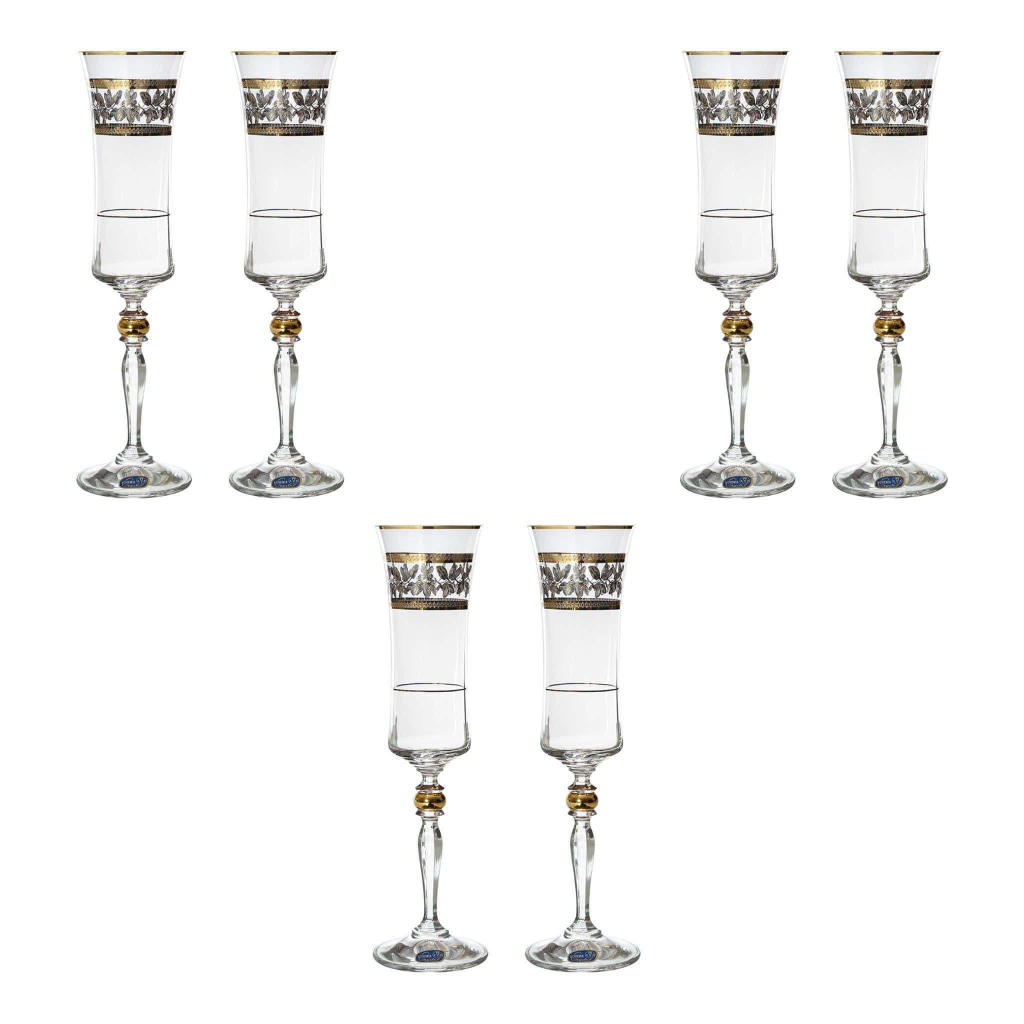 Bohemia Crystal - Flute Glass Set 6 Pieces - Gold & Silver - 150ml - 39000624