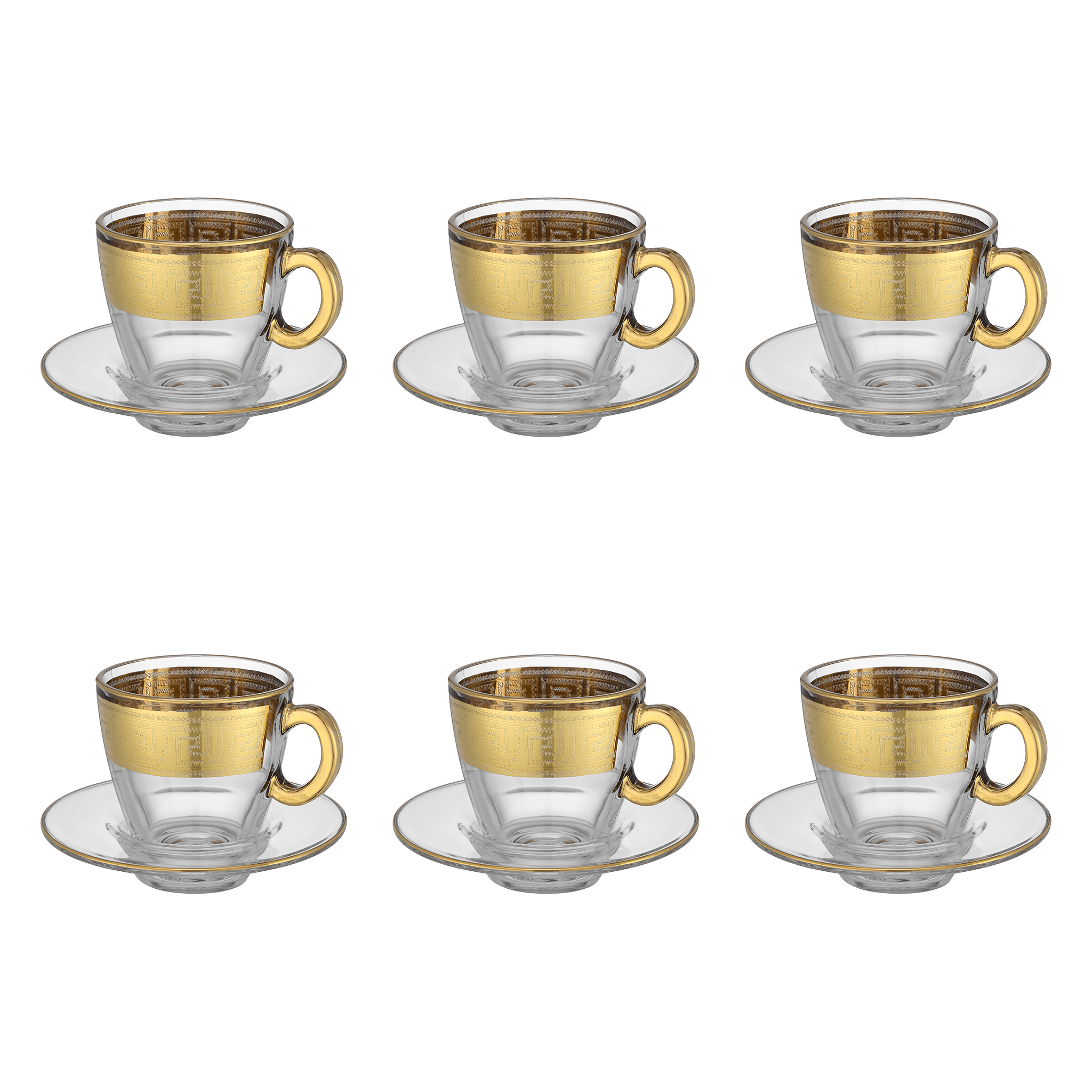 Pasabahce - Decorated Tea Cup with Saucer 6 Pieces - Gold - 160ml - Glass - 39000803