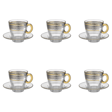 Pasabahce - Decorated Tea Cup with Saucer 6 Pieces - Silver & Gold - 160ml - Glass - 39000804