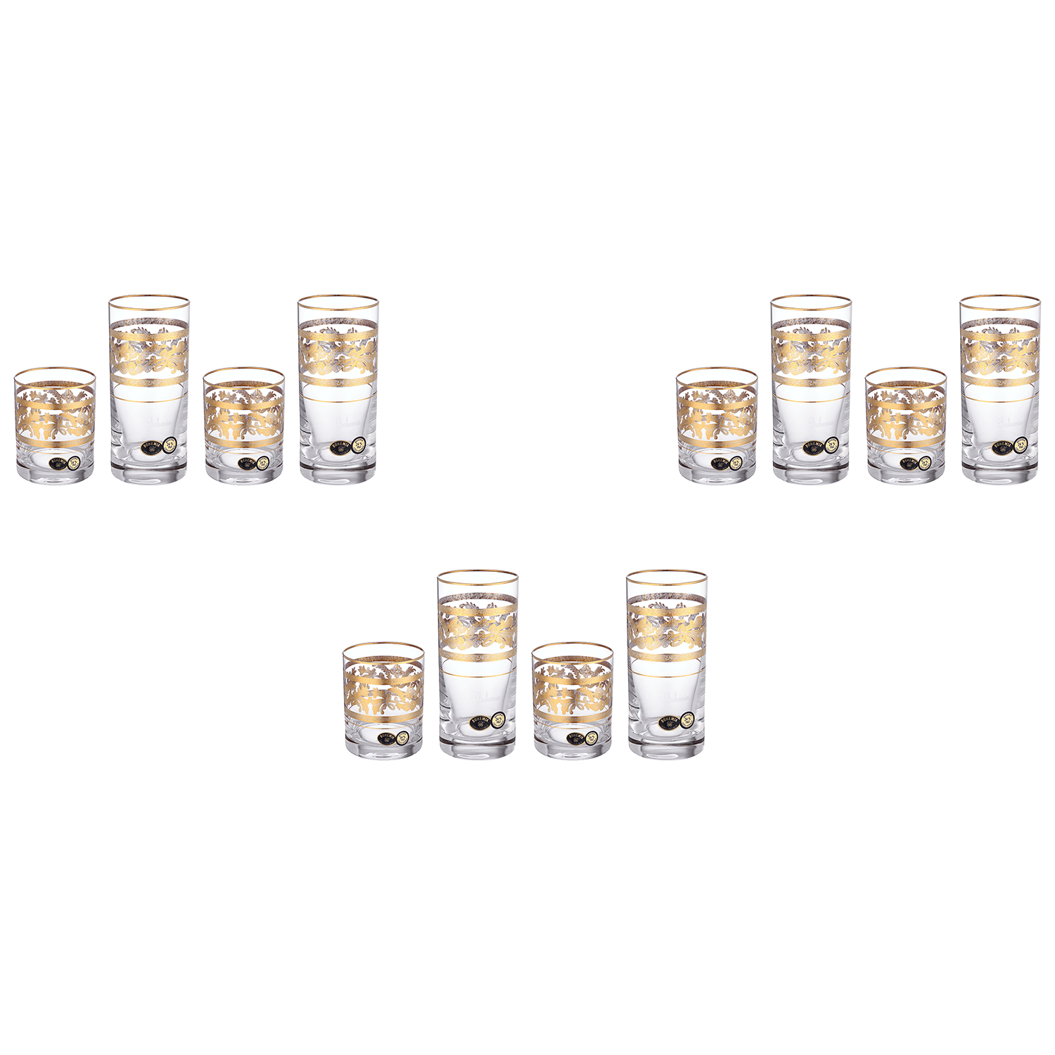 Bohemia Crystal - Highball & Tumbler Glass Set 12 Pieces - Gold - 300ml & 280ml