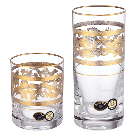 Bohemia Crystal - Highball & Tumbler Glass Set 12 Pieces - Gold - 300ml & 280ml