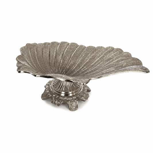Leaf Shaped Plate with Base For Snacks & Nuts - Silver - Silver Plated Metal