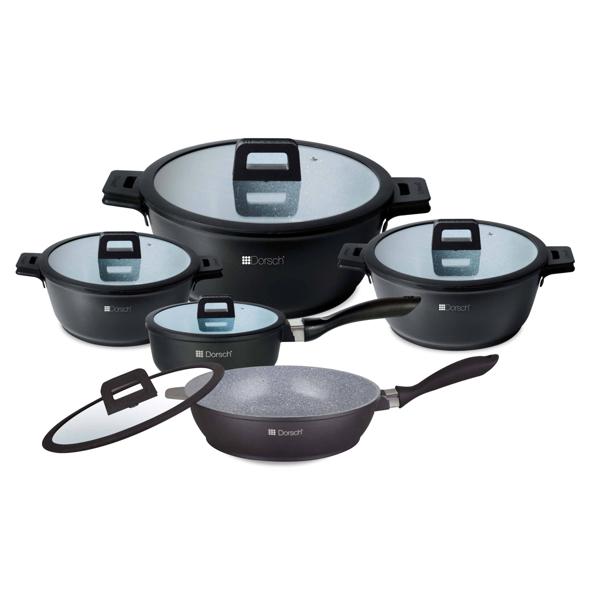 Dorsch - Cookware Set 19 Pieces with Glass Lids and Silicone Rim - Grey - Non Stick Ceramic