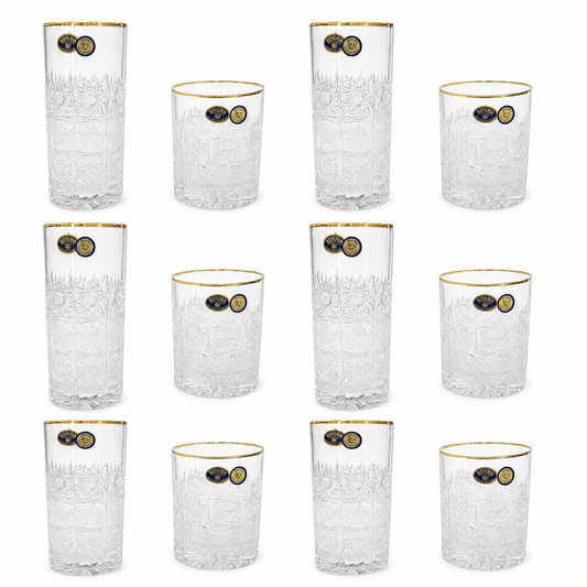 Bohemia Crystal - Highball & Tumbler Glass Set 12 Pcs - 300ml & 280ml - Gold
