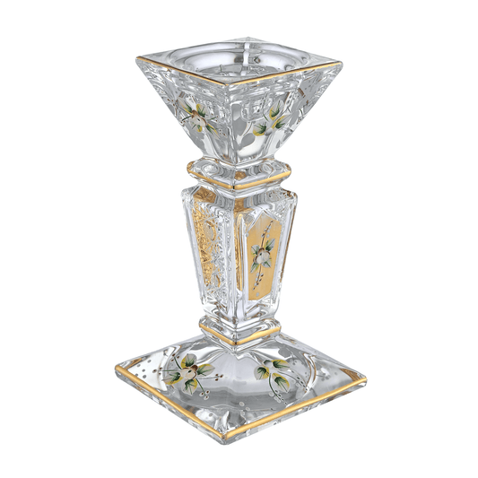 Bohemia Crystal - Hand Cut Crystal Candle Holder - Gold & Floral Design - 12x21cm