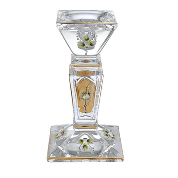 Bohemia Crystal - Hand Cut Crystal Candle Holder - Gold & Floral Design - 12x21cm