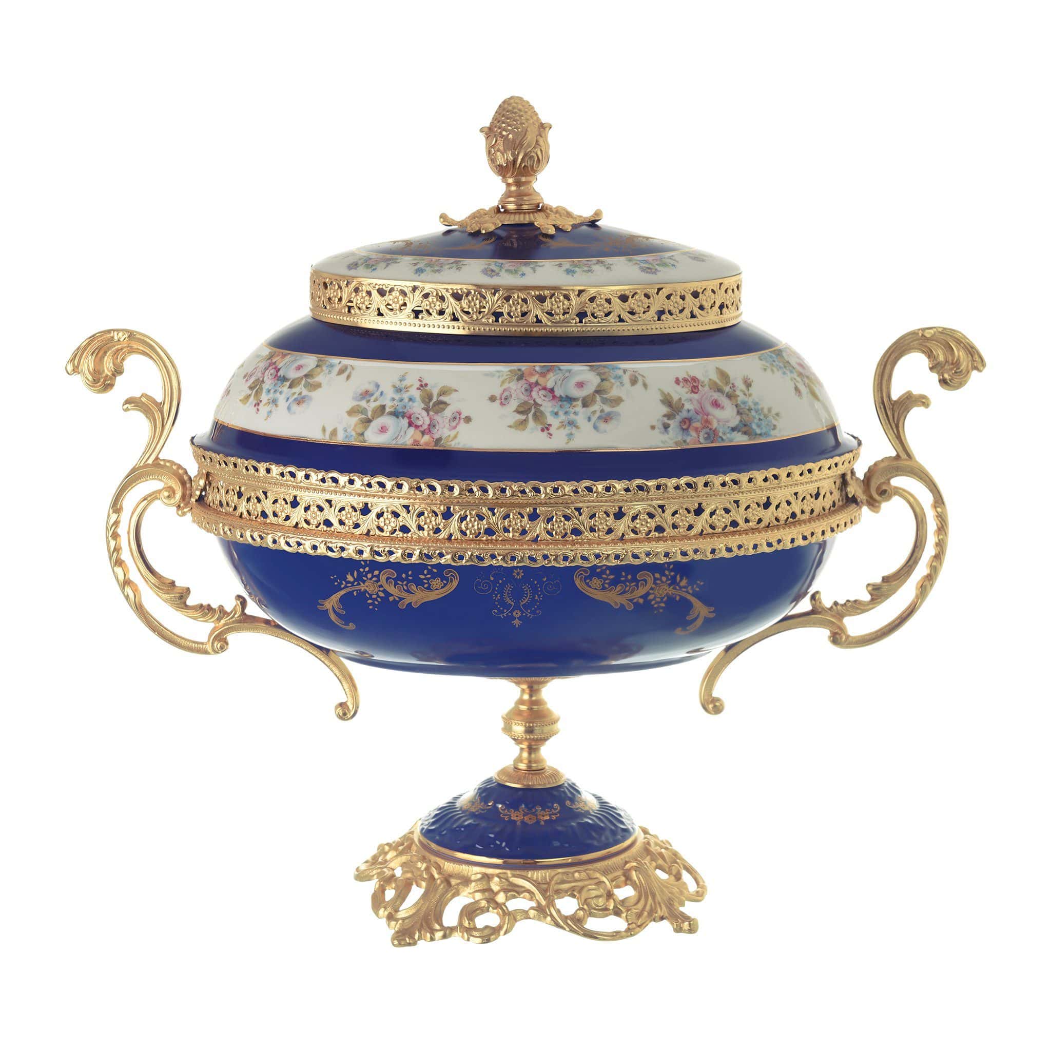 Caroline - Oval Box with Base & Gold Plated Handles - Floral Design - Blue & Gold - 58000514