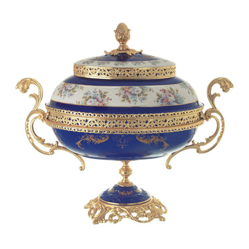 Caroline - Oval Box with Base & Gold Plated Handles - Floral Design - Blue & Gold - 58000514