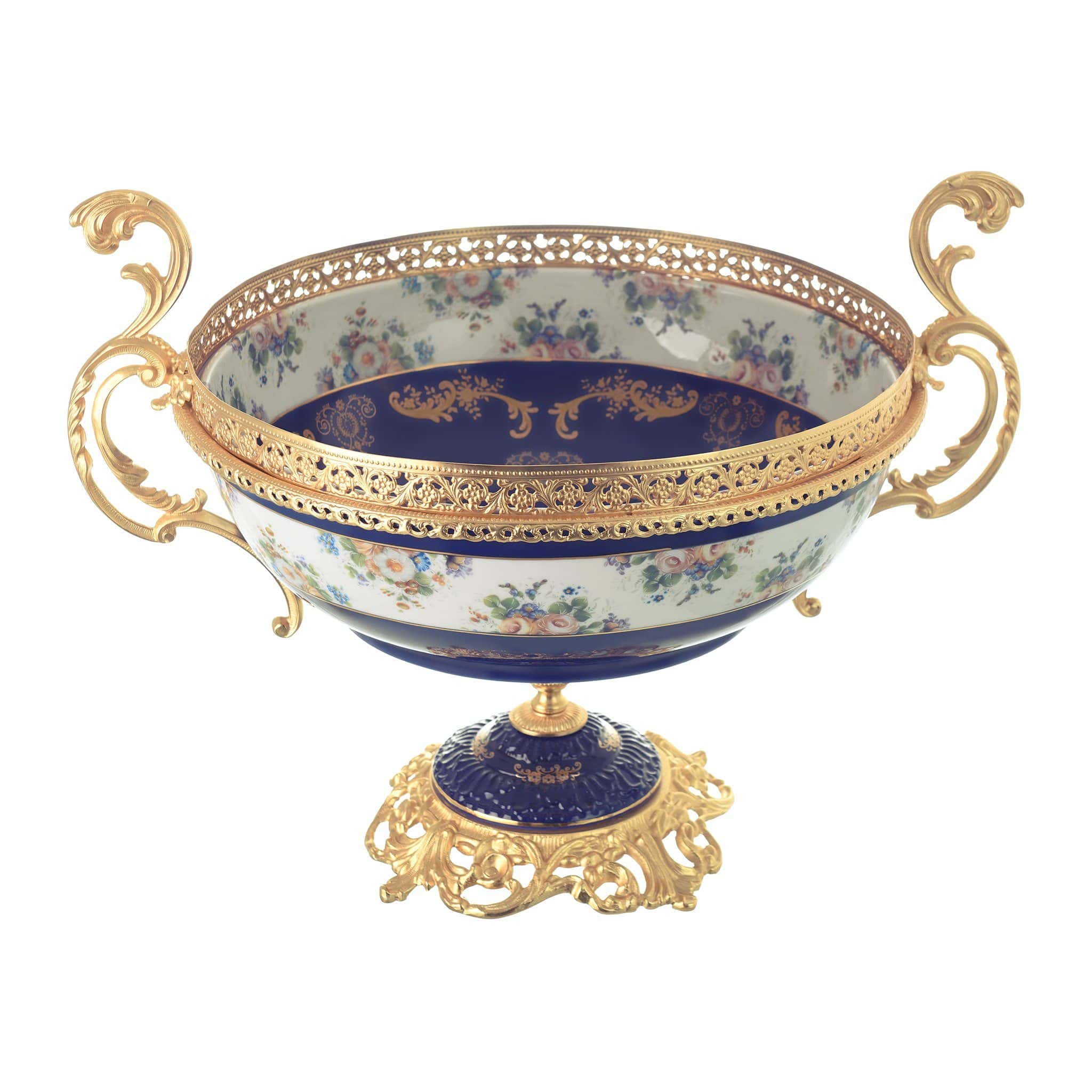 Caroline - Oval Bowl with Base - Floral Design - Blue & Gold - 45x36x38cm - 58000518