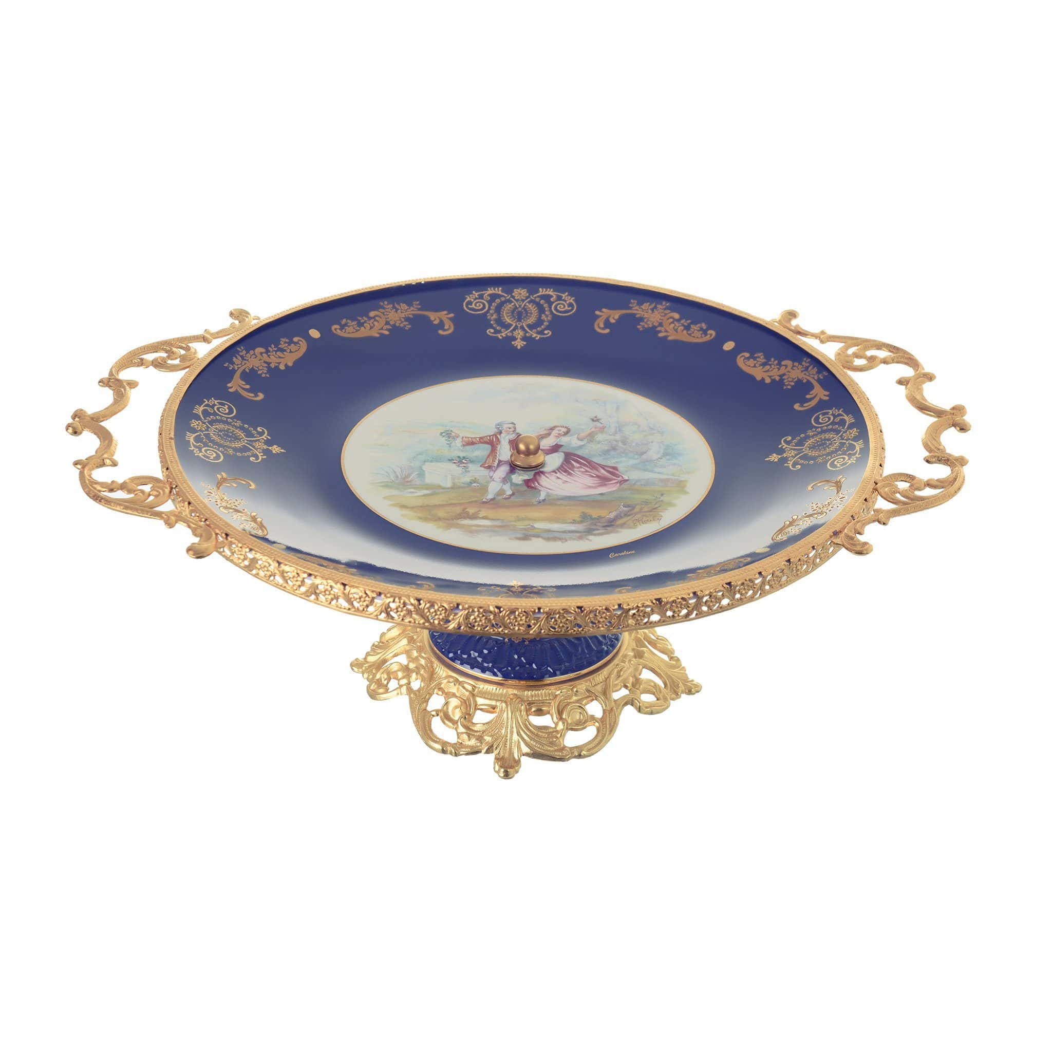 Caroline - Round Plate with Base & Gold Plated Handles - Romeo & Juliet - Blue & Gold - 40x50cm - 58000521