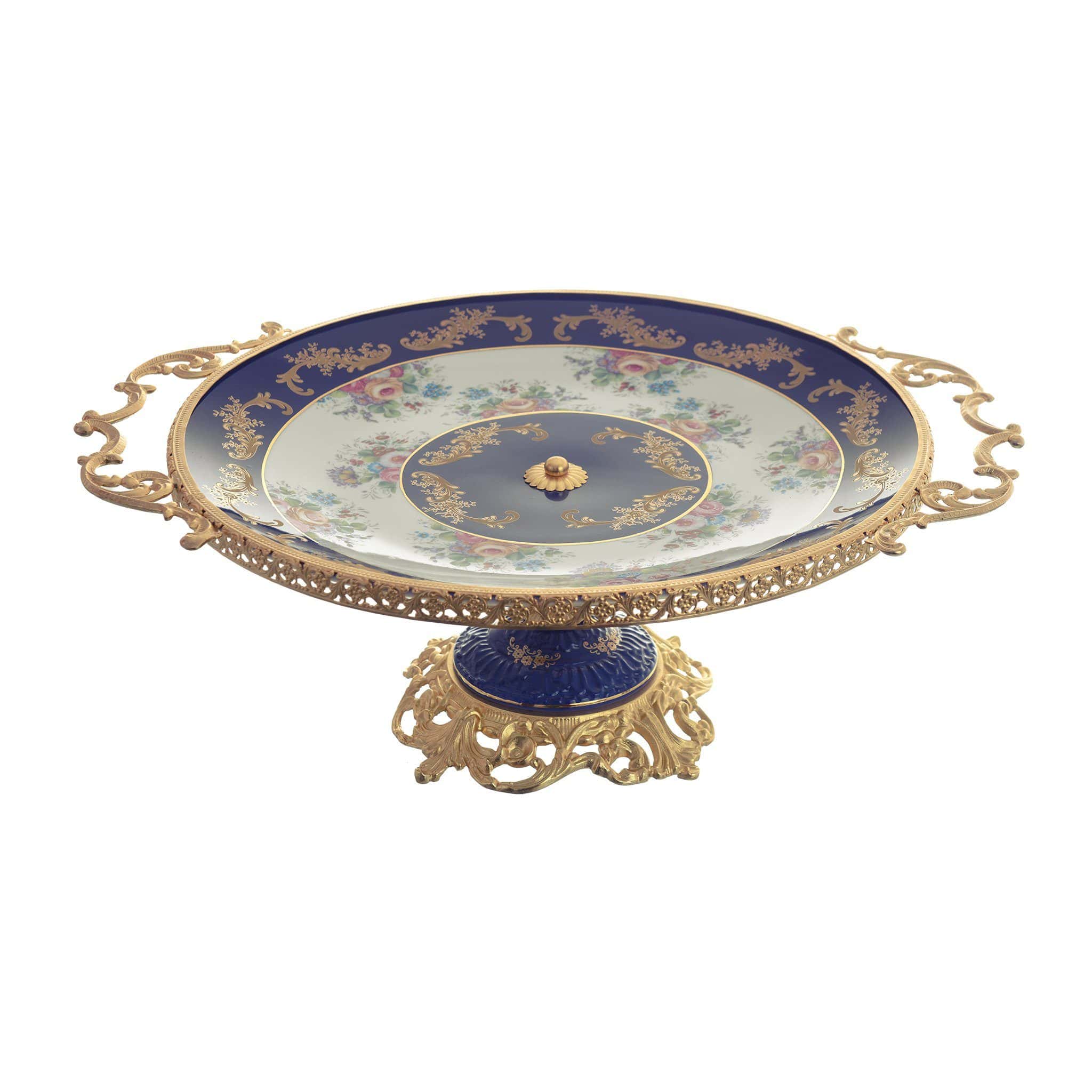 Caroline - Round Plate with Base & Gold Plated Handles - Floral Design - Blue & Gold - 40x50cm - 58000522