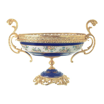 Caroline - Oval Bowl with Base - Floral Design - Blue & Gold - 48x27x32cm - 58000542