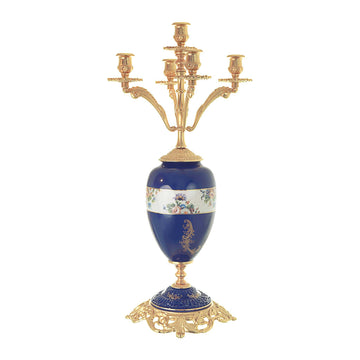 Caroline - Candle Holder with Base 5 Lights - Floral Design - Blue & Gold - 65cm - 58000546