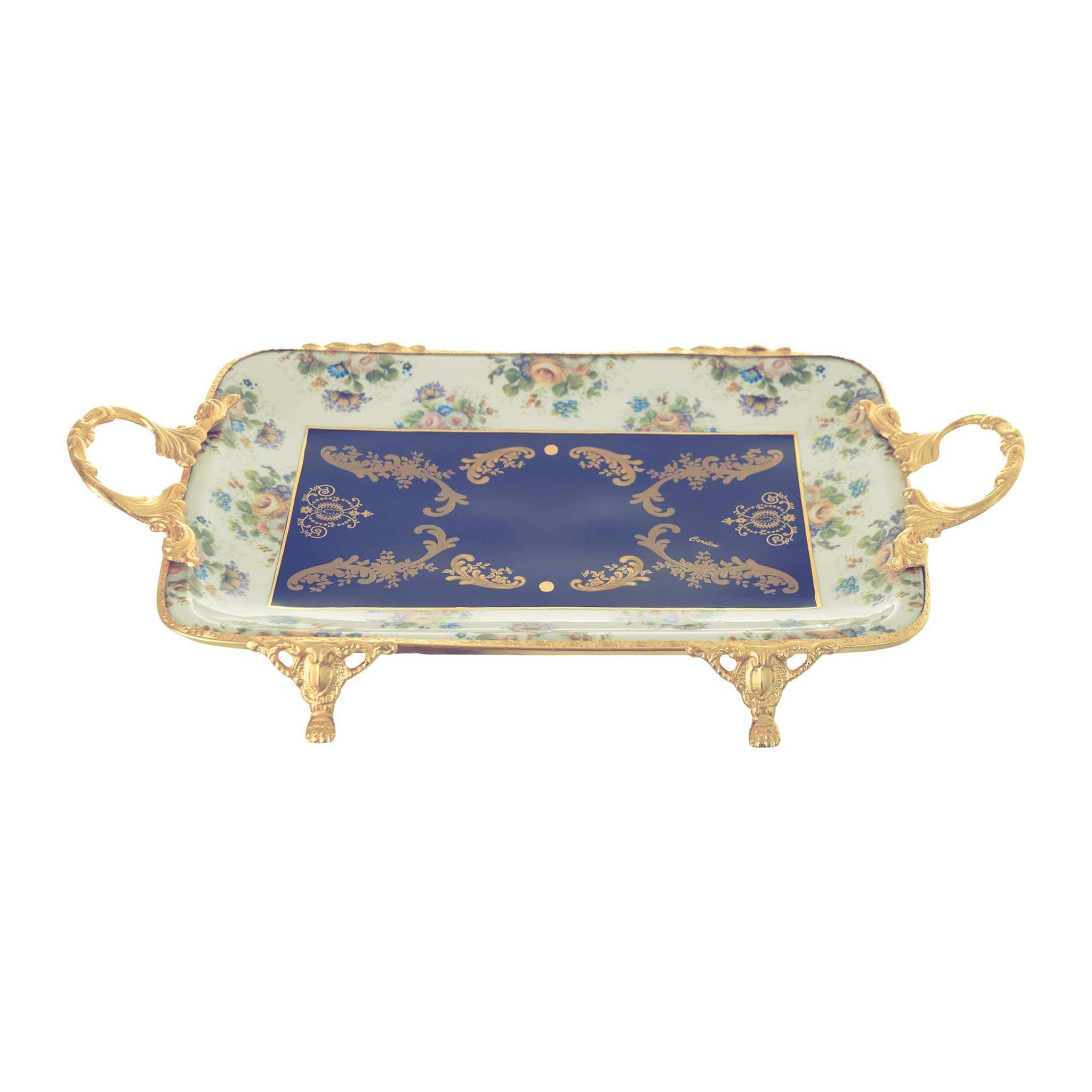Caroline - Rectangular Tray with Gold Plated Handles & Legs - Floral Design - Blue & Gold - 46x25cm - 58000558
