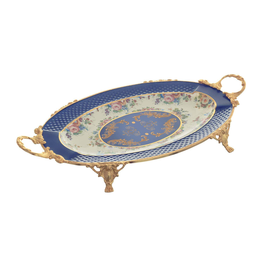 Caroline - Oval Tray with Gold Plated Handles & Legs - Floral Design - Blue & Gold - 45x28cm - 58000578