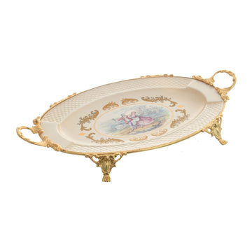 Caroline - Oval Tray with Gold Plated Handles & Legs - Romeo & Juliet - Beige & Gold - 45x28cm - 58000579