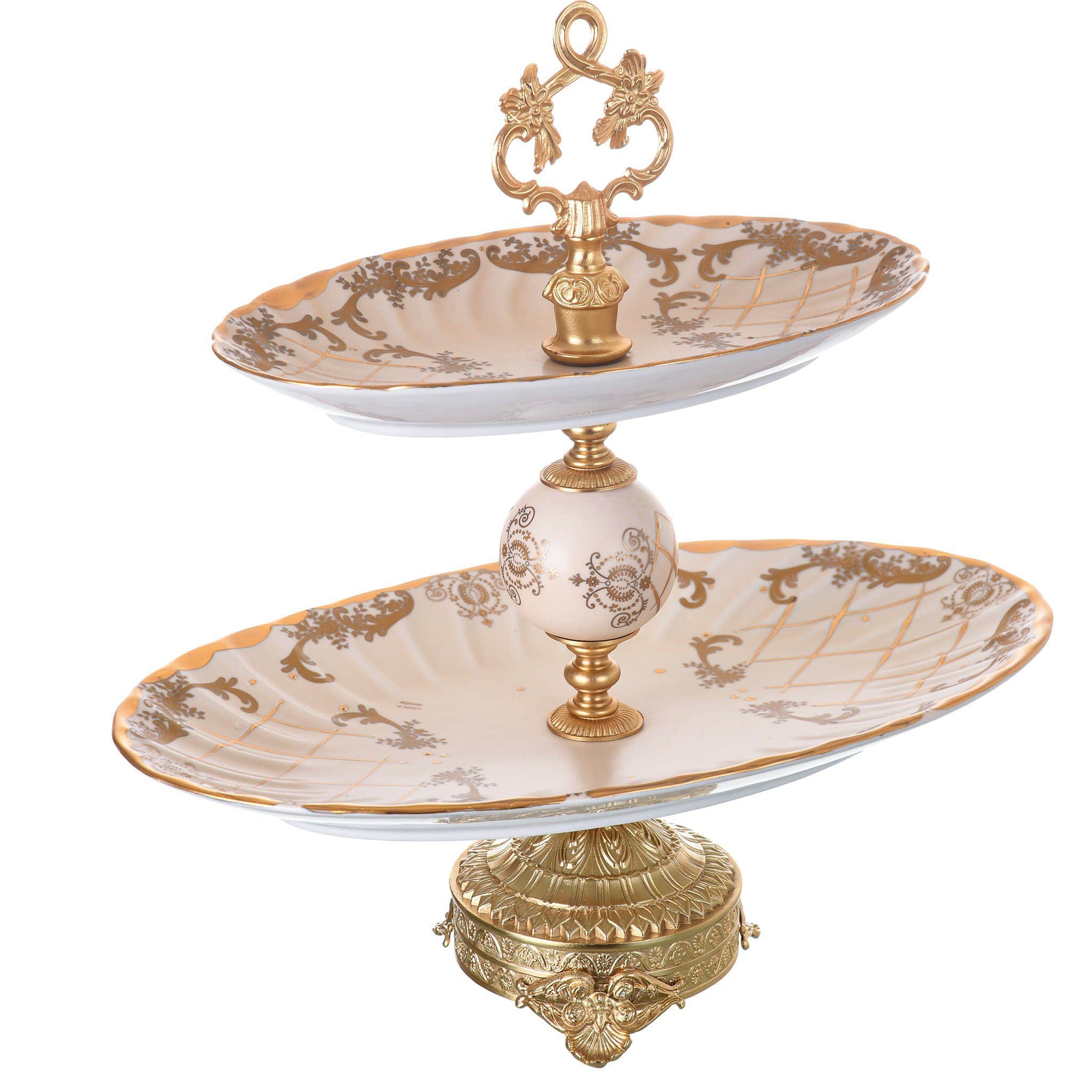 Caroline - Imperial Oval Stand 2 Tiers with Gold Plated Base - Beige & Gold - 43cm - 58000580
