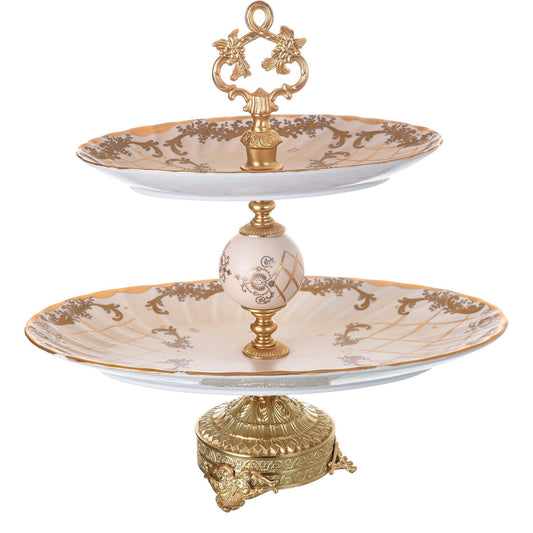 Caroline - Imperial Oval Stand 2 Tiers with Gold Plated Base - Beige & Gold - 43cm - 58000580