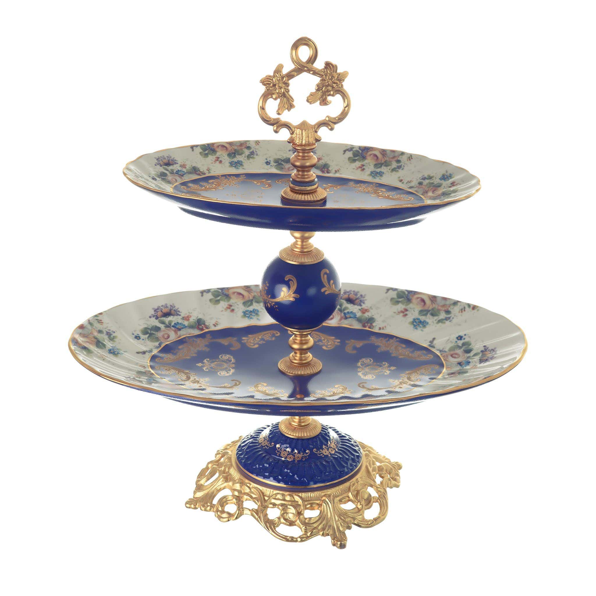 Caroline - Oval Stand 2 Tiers with Base - Floral Design - Blue & Gold - 43cm - 58000582