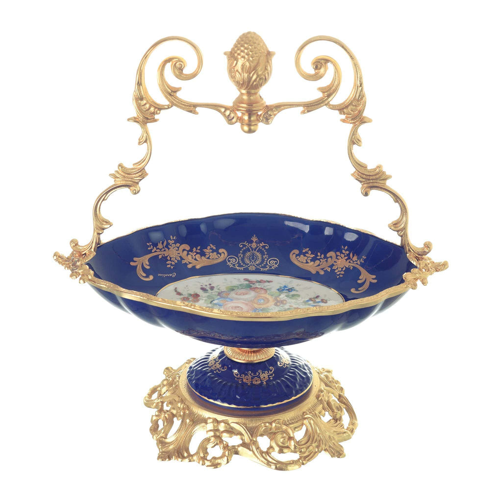 Caroline - Oval Basket with Base & Gold Plated Handle - Floral Design - Blue & Gold - 30x18x36cm - 58000590