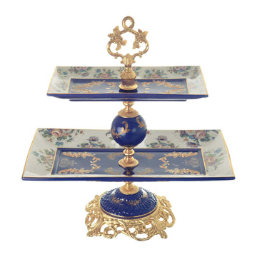 Caroline - Rectangular Stand 2 Tiers with Base - Floral Design - Blue & Gold - 43cm - 58000614