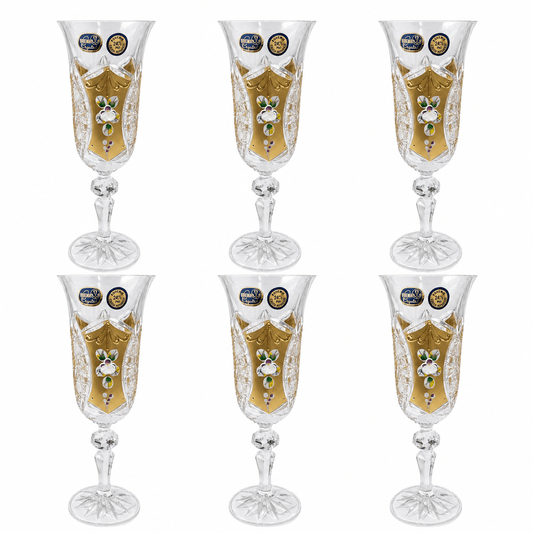 Bohemia Crystal - Hand Cut Flute Glass Set - 150 ml - Gold & Floral Design