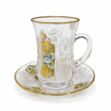 Bohemia Crystal - Istikana Set with Handle & Saucer 6 Pcs - 145 ml - Gold & Floral Design