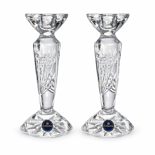 Bohemia Crystal - Oval Hand Cut Crystal Candle Holder Set 2 Pcs- 20 cm - Clear