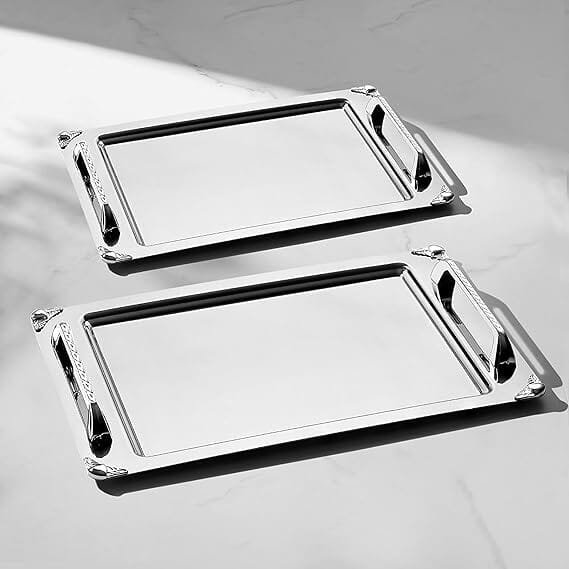 Nehir - Vega Rectangular Tray Set 2 Pcs - Silver Matt - Stainless Steel