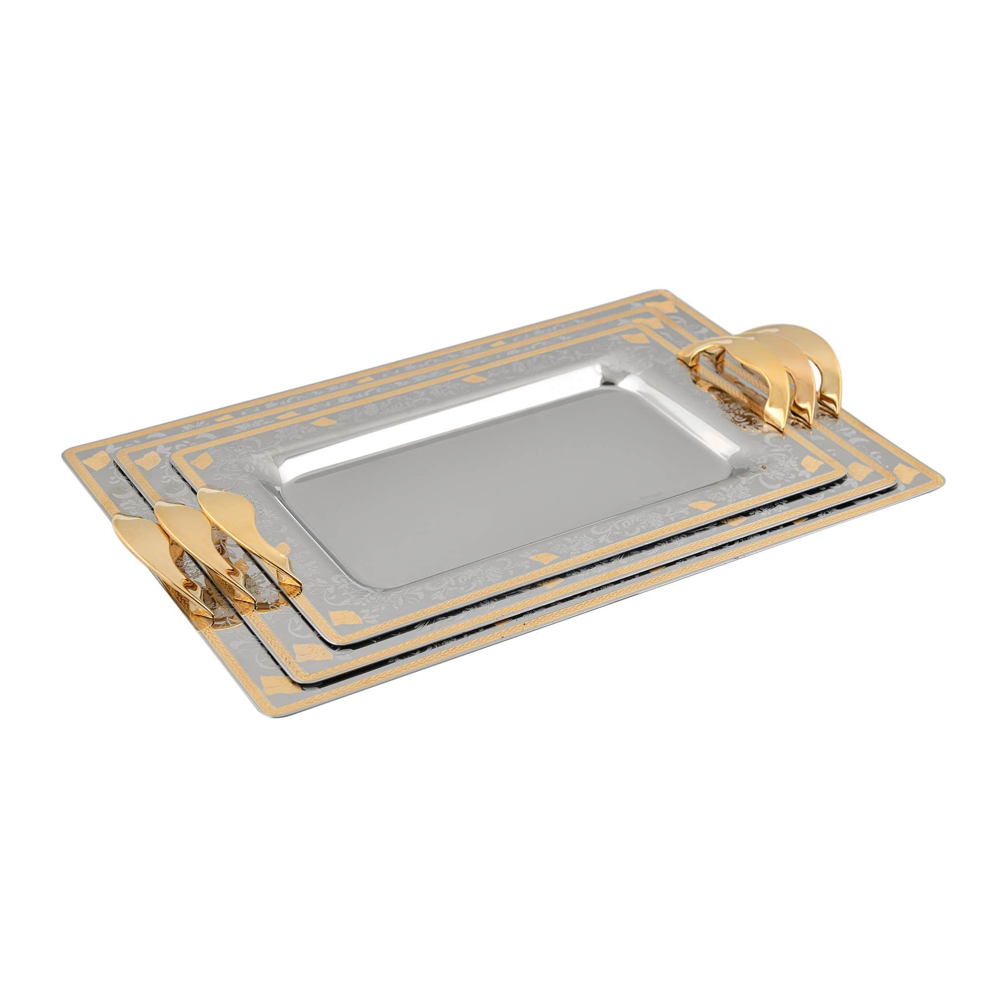 Elegant Gioiel - Rectangular Tray Set with Handles 3 Pieces - Gold - Stainless Steel 18/10 - 75000200