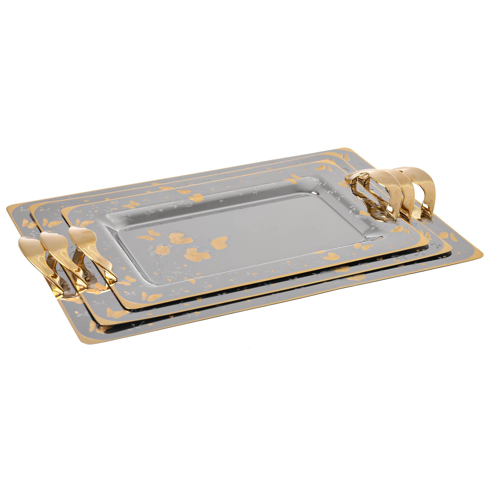 Elegant Gioiel - Rectangular Tray Set with Handles 3 Pieces - Gold - Stainless Steel 18/10 - 75000429