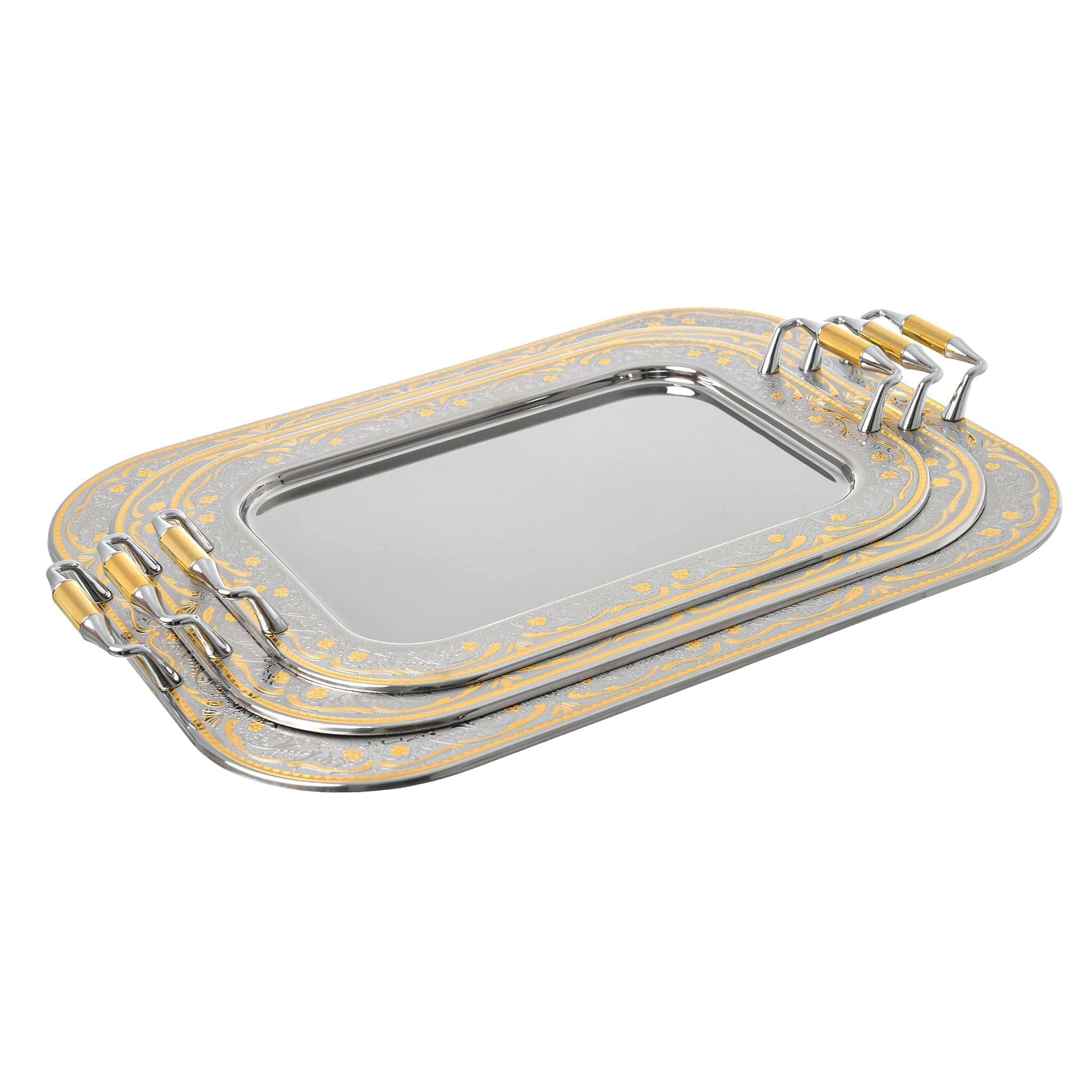 Elegant Gioiel - Rectangular Tray Set with Handles 3 Pieces - Gold - Stainless Steel 18/10 - 75000433