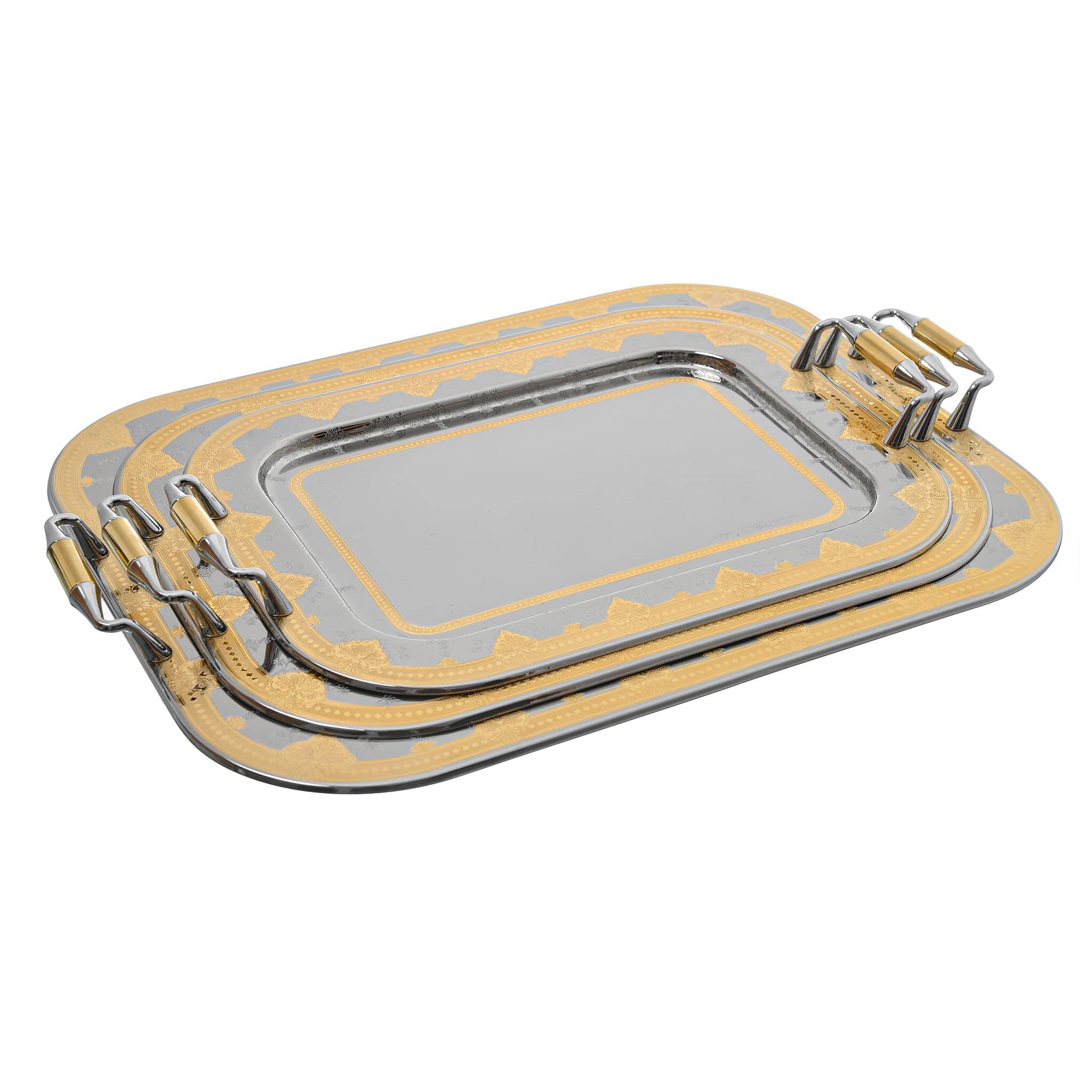Elegant Gioiel - Rectangular Tray Set with Handles 3 Pieces - Gold - Stainless Steel 18/10 - 75000453