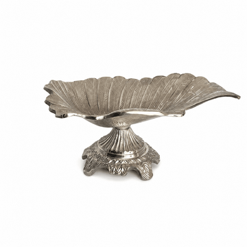Leaf Shaped Plate with Base For Snacks & Nuts - Silver - Silver Plated Metal